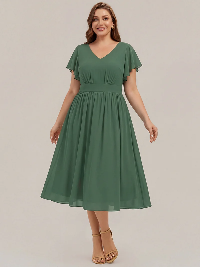 Robe midi à manches courtes en V sans élasthanne avec des manches volantées