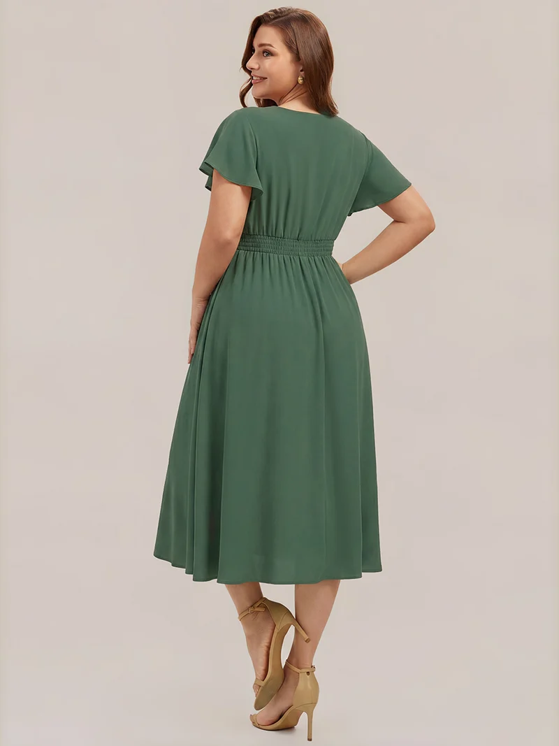 Robe midi à manches courtes en V sans élasthanne avec des manches volantées