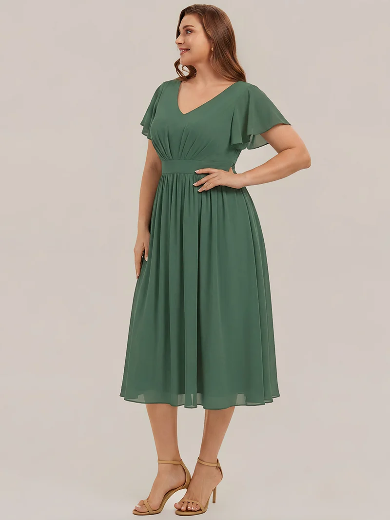 Robe midi à manches courtes en V sans élasthanne avec des manches volantées