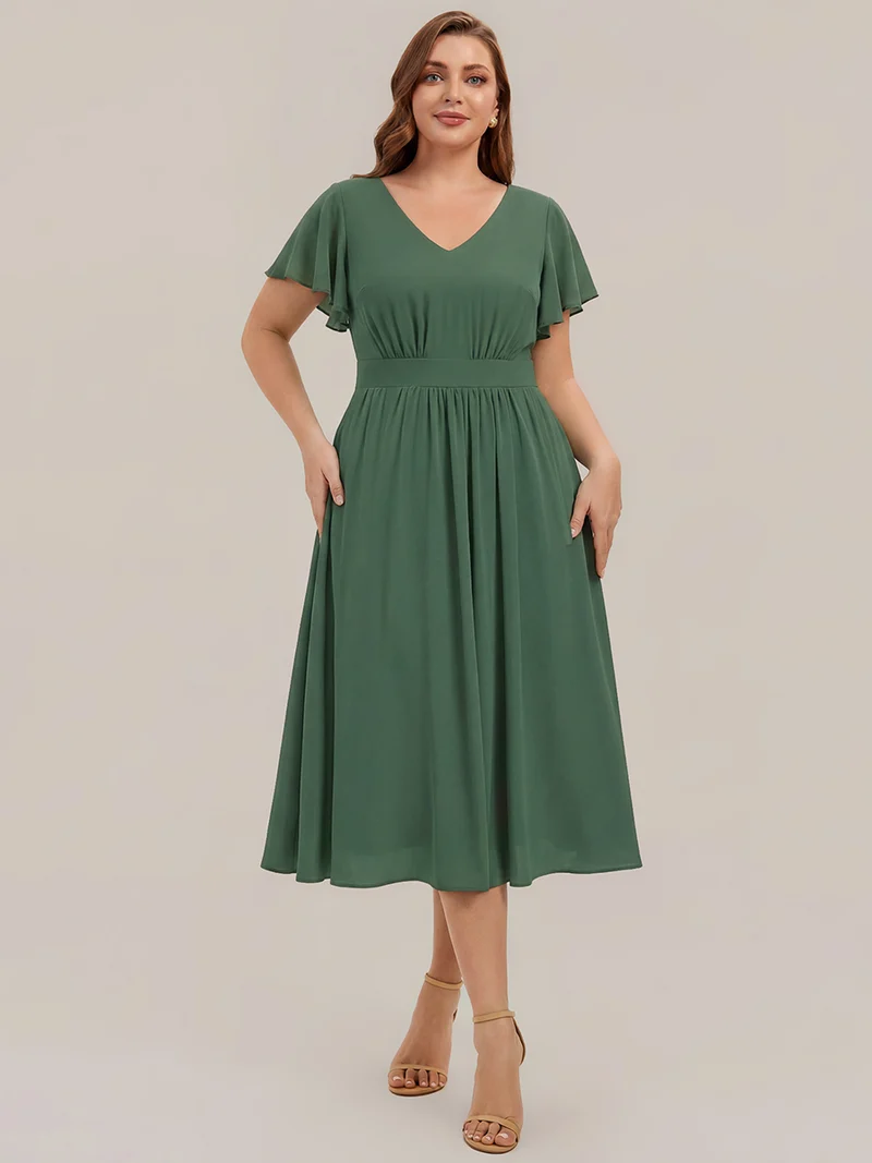 Robe midi à manches courtes en V sans élasthanne avec des manches volantées