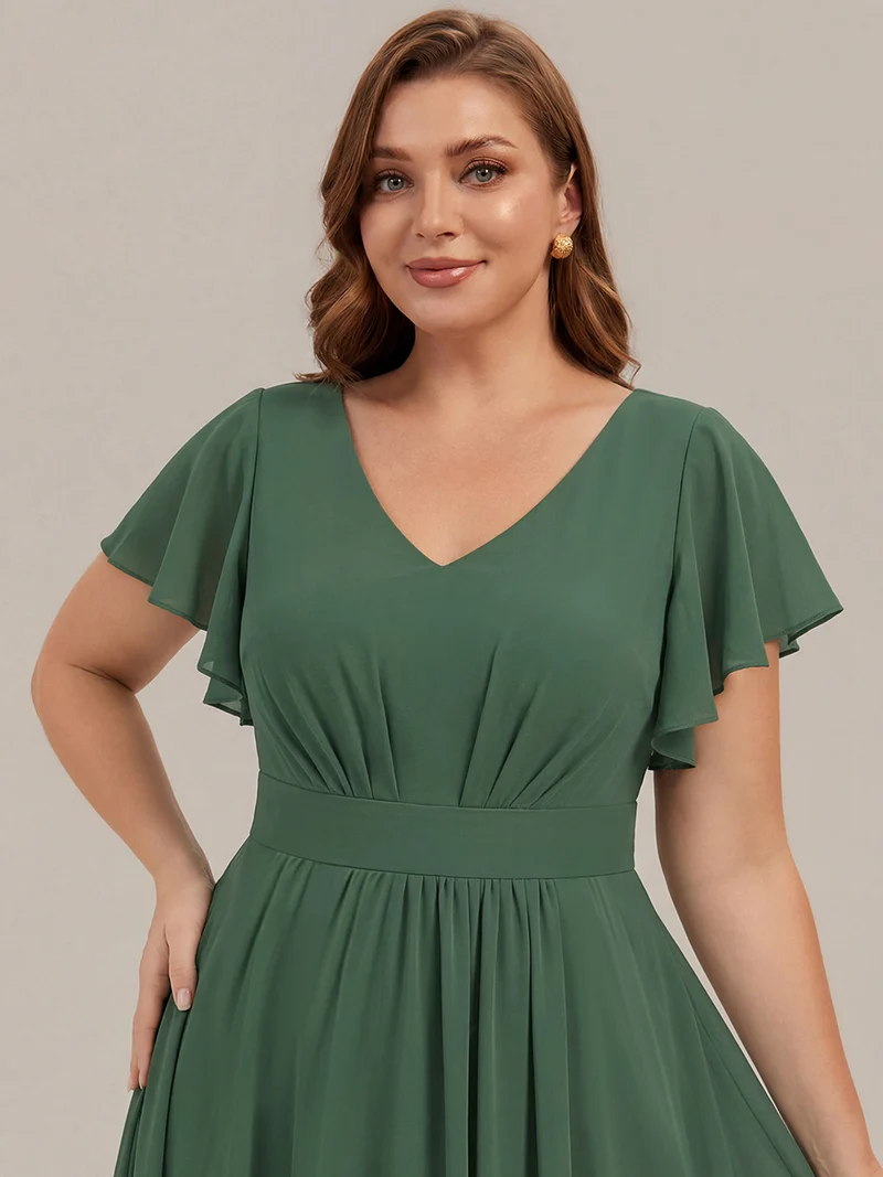 Robe midi à manches courtes en V sans élasthanne avec des manches volantées