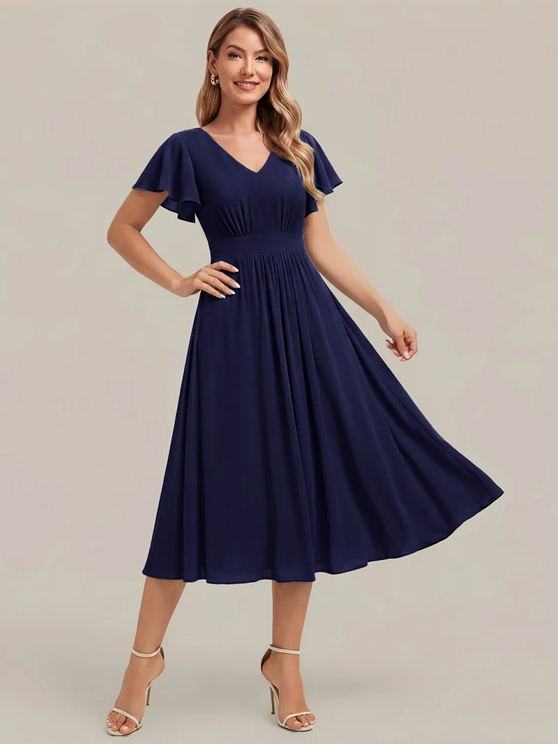 Robe midi à manches courtes en V sans élasthanne avec des manches volantées