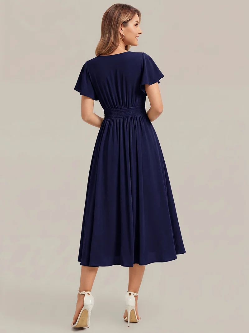Robe midi à manches courtes en V sans élasthanne avec des manches volantées