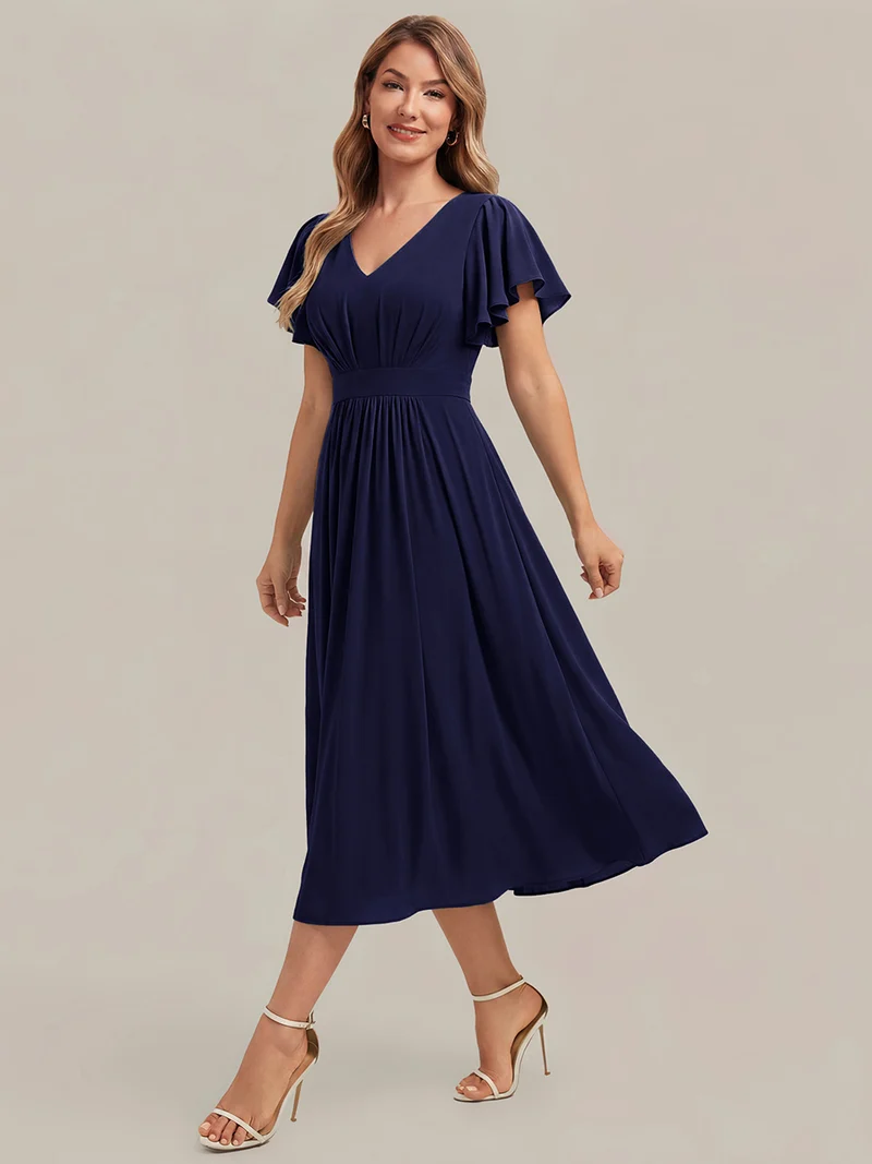Robe midi à manches courtes en V sans élasthanne avec des manches volantées
