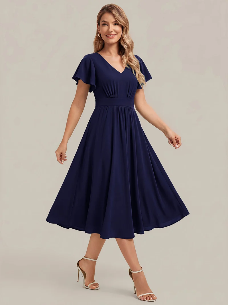 Robe midi à manches courtes en V sans élasthanne avec des manches volantées