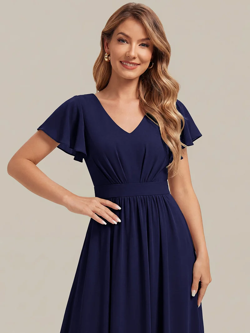 Robe midi à manches courtes en V sans élasthanne avec des manches volantées