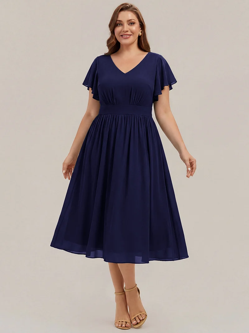 Robe midi à manches courtes en V sans élasthanne avec des manches volantées
