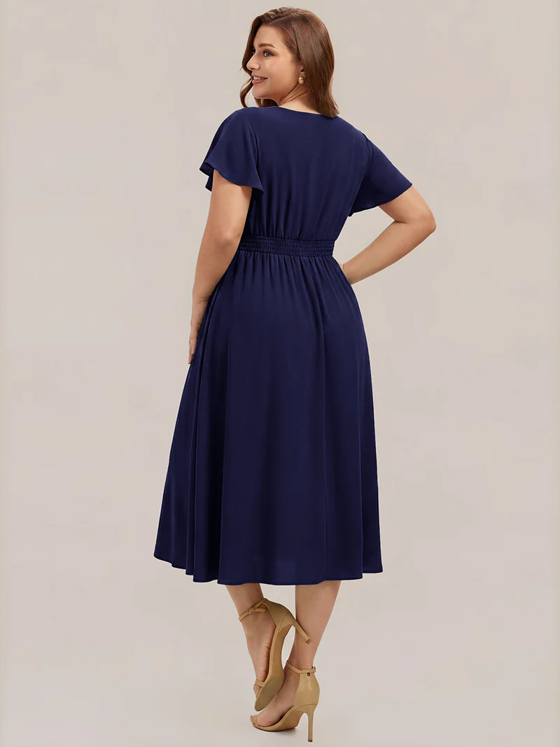 Robe midi à manches courtes en V sans élasthanne avec des manches volantées