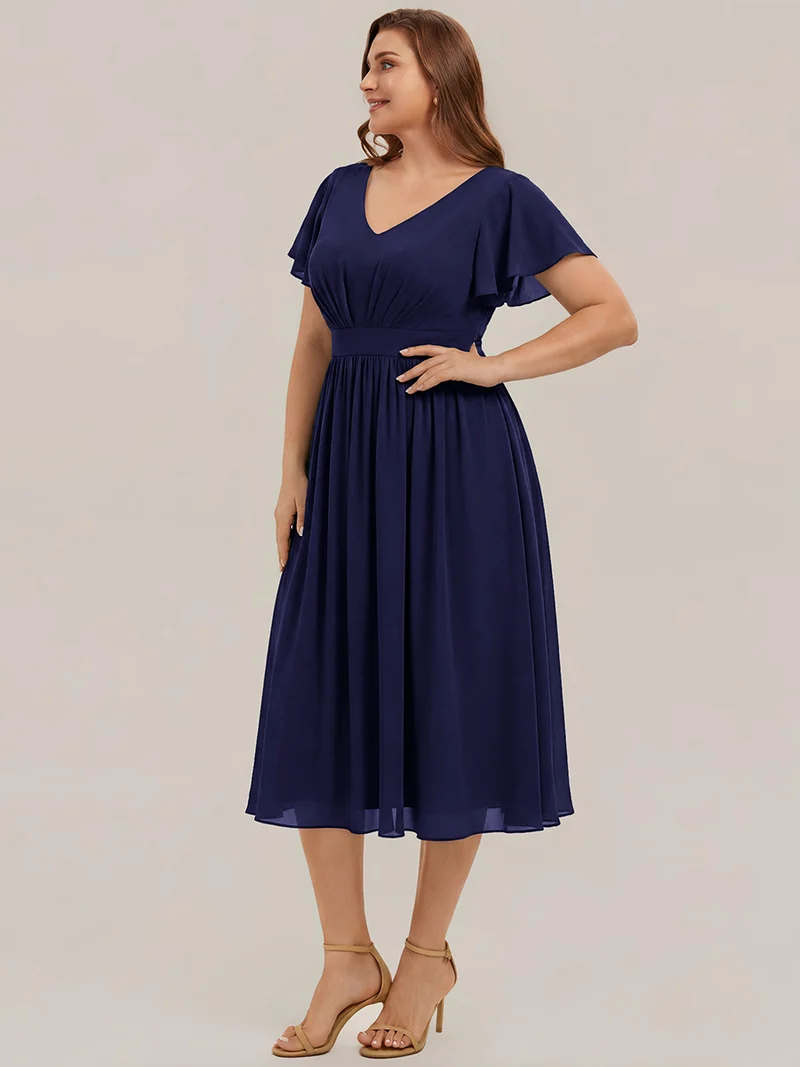 Robe midi à manches courtes en V sans élasthanne avec des manches volantées