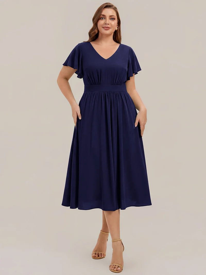 Robe midi à manches courtes en V sans élasthanne avec des manches volantées