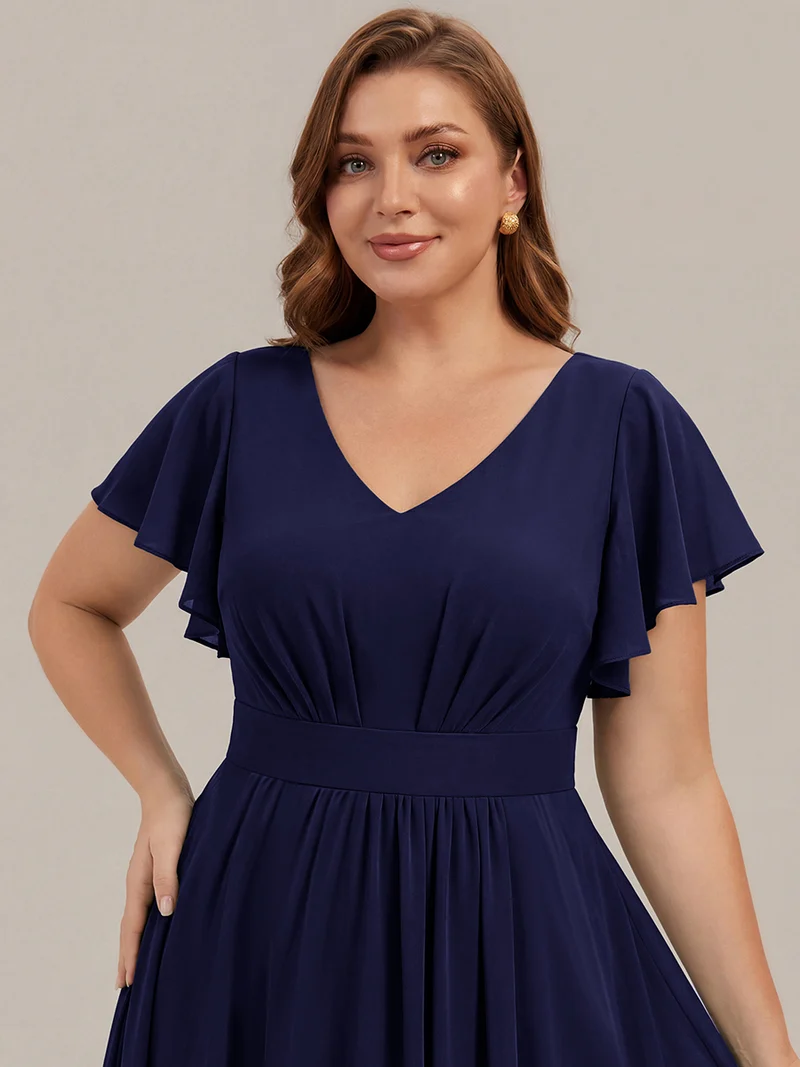 Robe midi à manches courtes en V sans élasthanne avec des manches volantées
