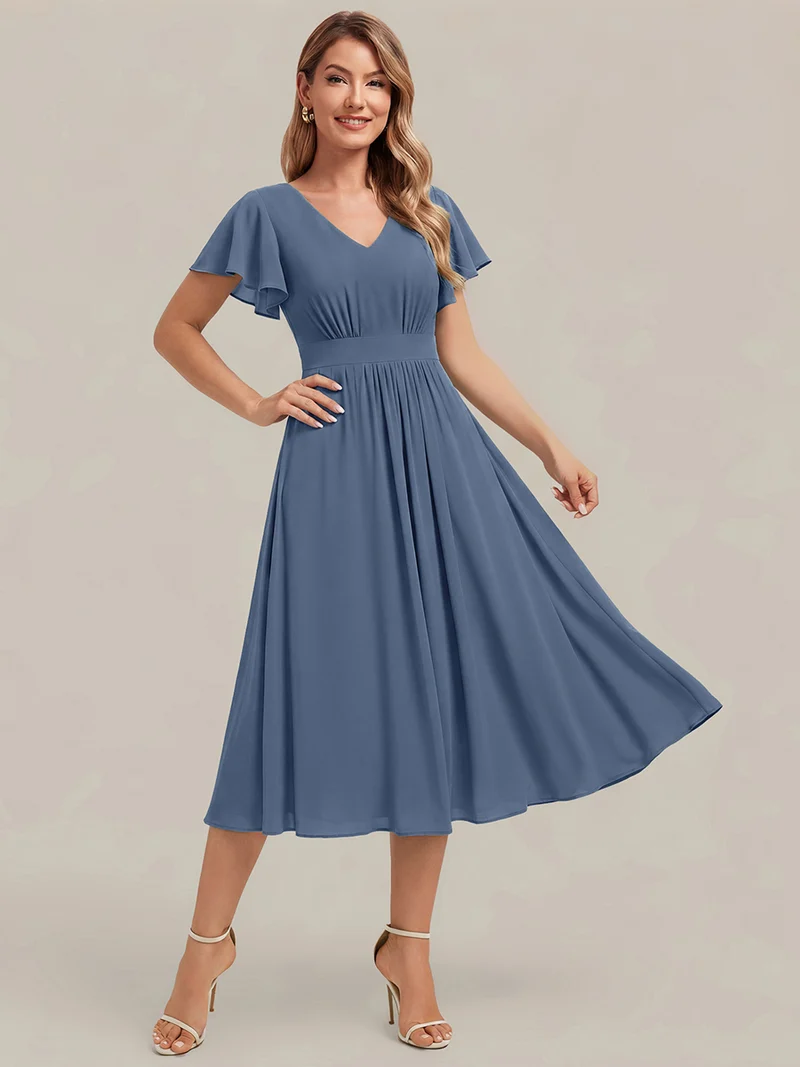Robe midi à manches courtes en V sans élasthanne avec des manches volantées
