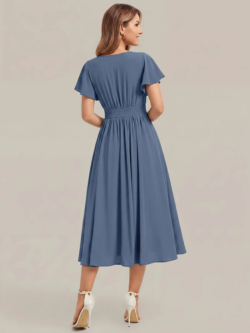 Robe midi à manches courtes en V sans élasthanne avec des manches volantées