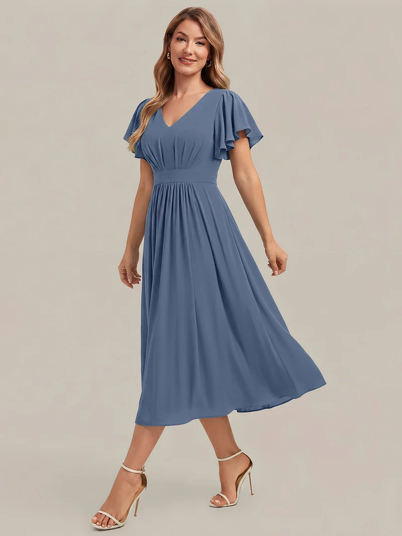 Robe midi à manches courtes en V sans élasthanne avec des manches volantées
