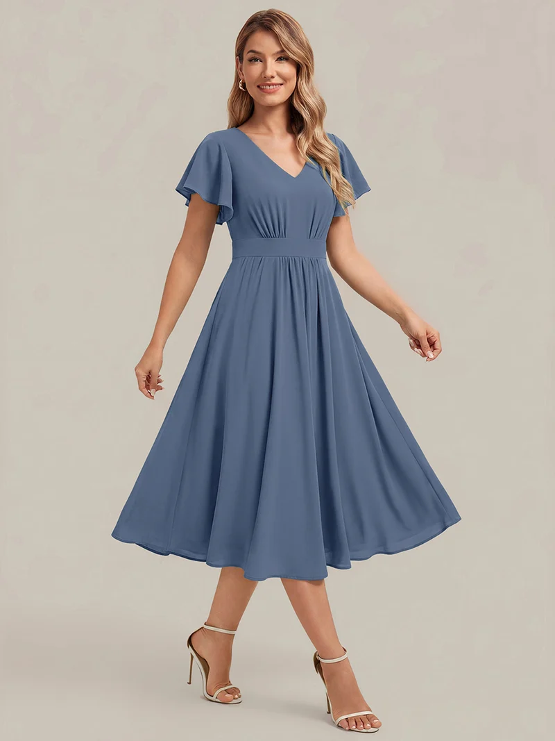 Robe midi à manches courtes en V sans élasthanne avec des manches volantées