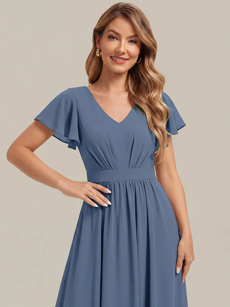 Robe midi à manches courtes en V sans élasthanne avec des manches volantées