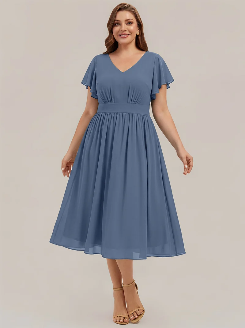 Robe midi à manches courtes en V sans élasthanne avec des manches volantées