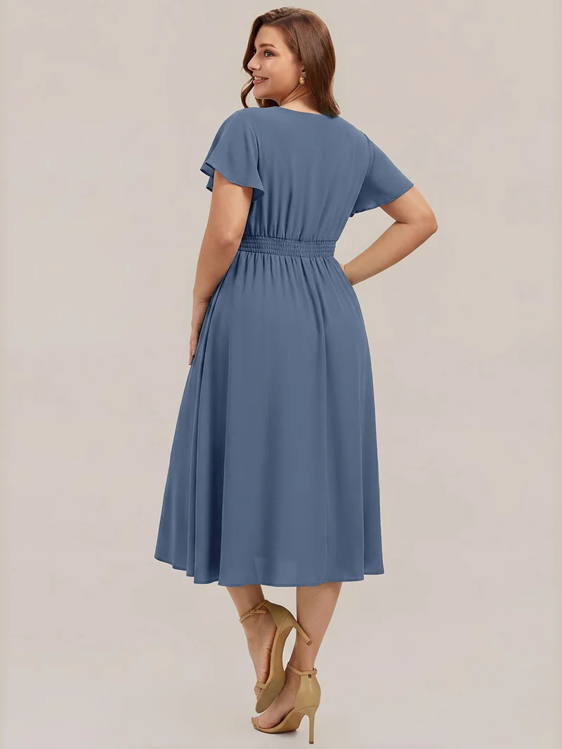 Robe midi à manches courtes en V sans élasthanne avec des manches volantées