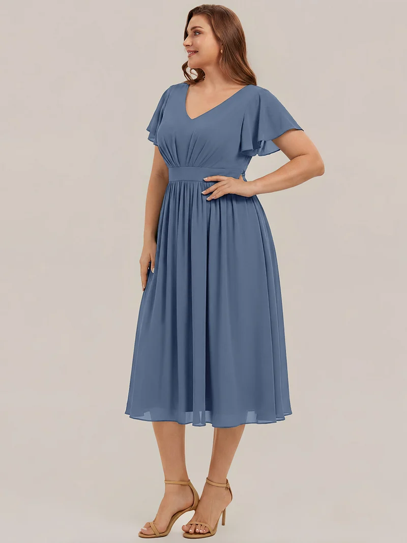 Robe midi à manches courtes en V sans élasthanne avec des manches volantées