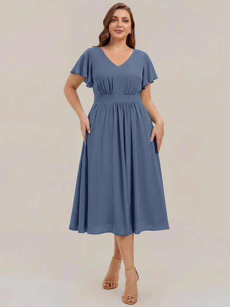 Robe midi à manches courtes en V sans élasthanne avec des manches volantées