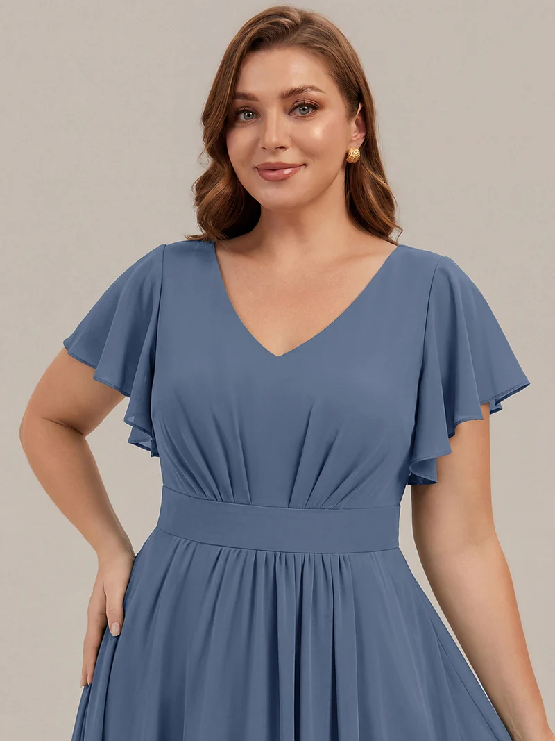 Robe midi à manches courtes en V sans élasthanne avec des manches volantées