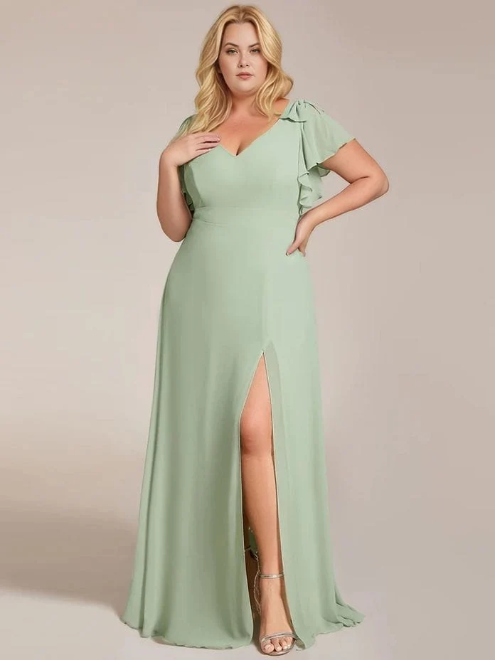 Robe de demoiselle d'honneur verte longue fendue