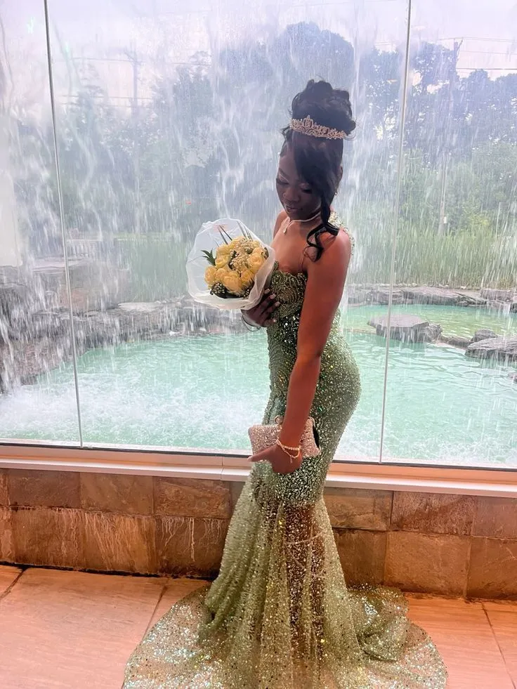 Robe de soirée sirène à paillettes vertes pour filles noires, sans manches