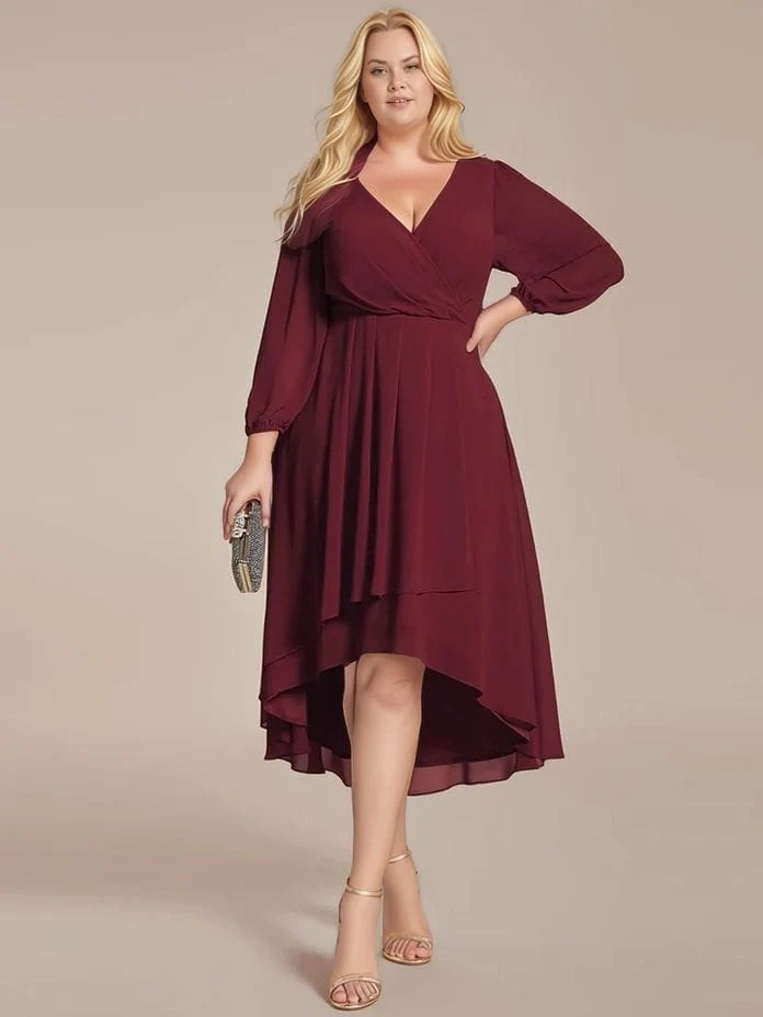 Robe de cocktail grande taille bordeaux asymétrique