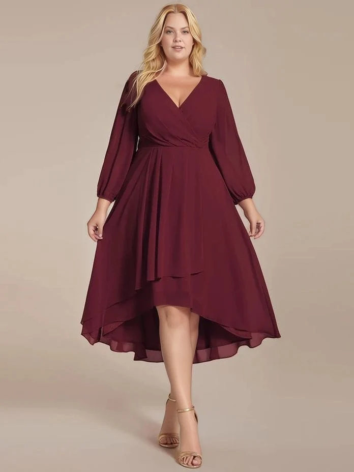 Robe de cocktail grande taille bordeaux asymétrique