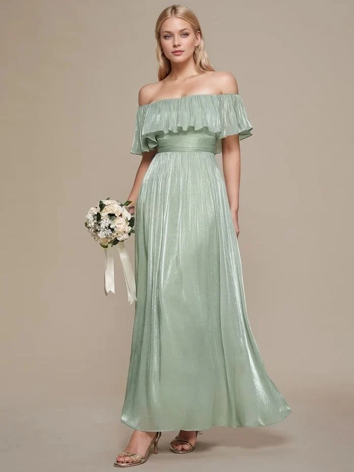 Robe de demoiselle d'honneur verte sauge épaules dénudées à volants