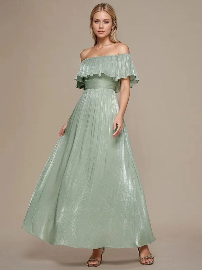 Robe de demoiselle d'honneur verte sauge épaules dénudées à volants
