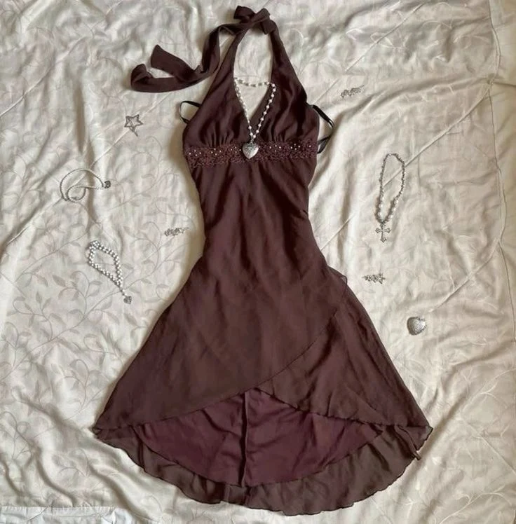 Robe de soirée en mousseline marron à dos nu, sans manches, avec fermeture éclair dans le dos, tenue de soirée