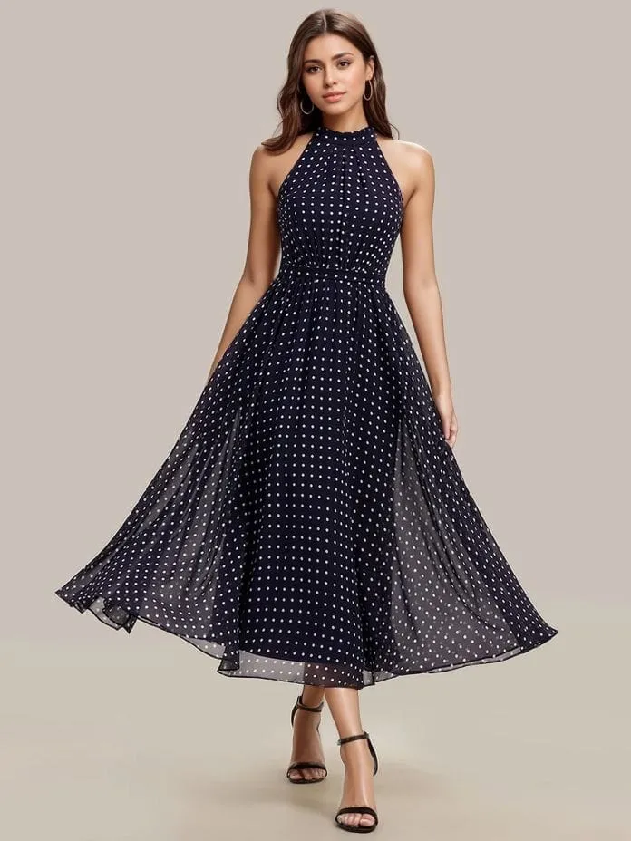 Robe de cocktail bleu marine à pois sans manches col licou