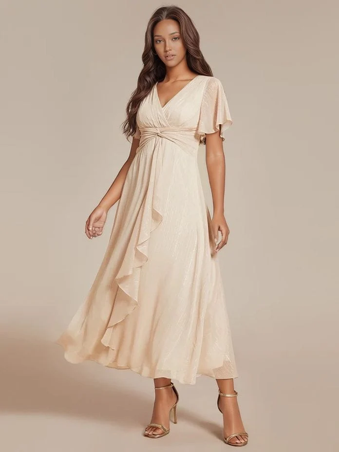Robe beige midi pour invitée au mariage