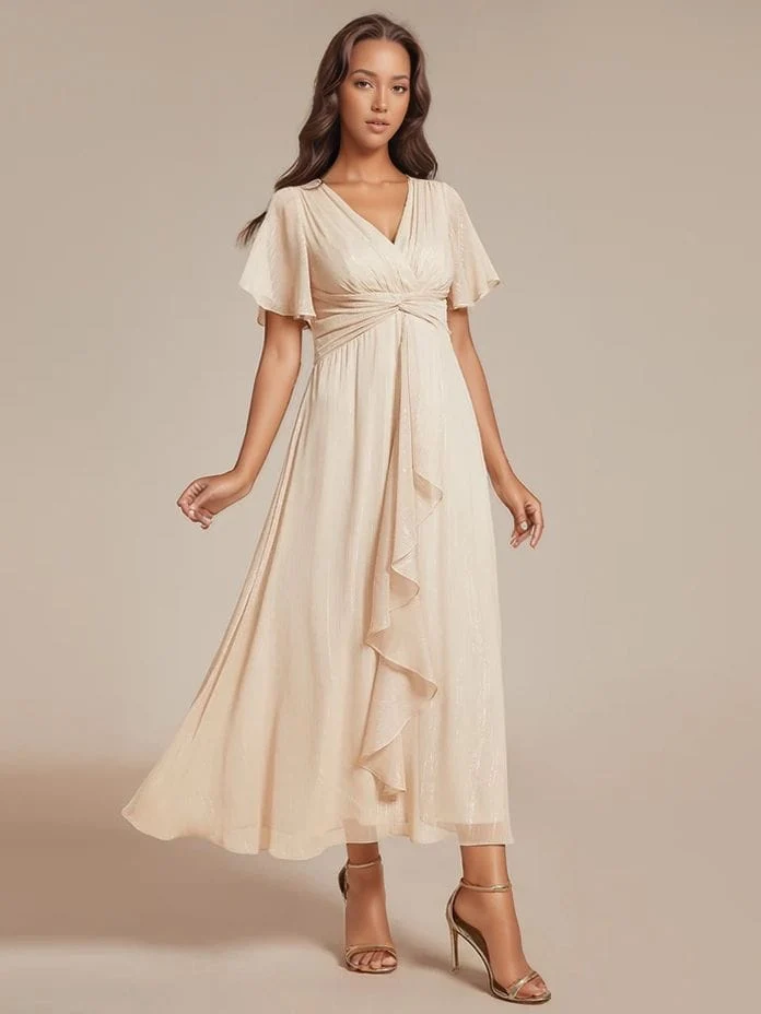 Robe beige midi pour invitée au mariage