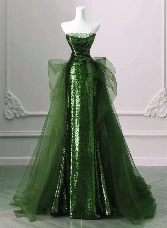 Robe de soirée longue en tulle à paillettes, coupe trapèze, sans manches