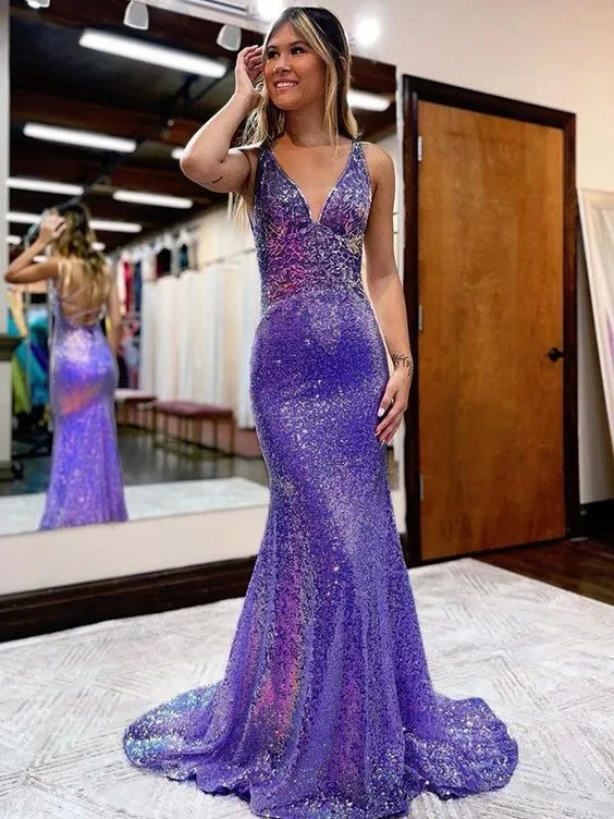 Robe de bal fourreau à paillettes, col en V, traîne courte, dos lacé