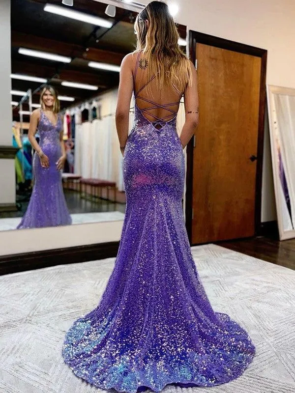 Robe de bal fourreau à paillettes, col en V, traîne courte, dos lacé