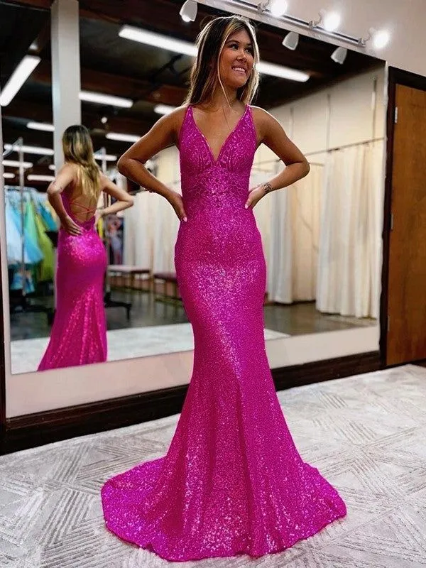 Robe de bal fourreau à paillettes, col en V, traîne courte, dos lacé