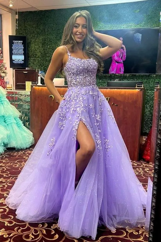 Robe de bal longue en dentelle violette brillante, robe de soirée fendue haute