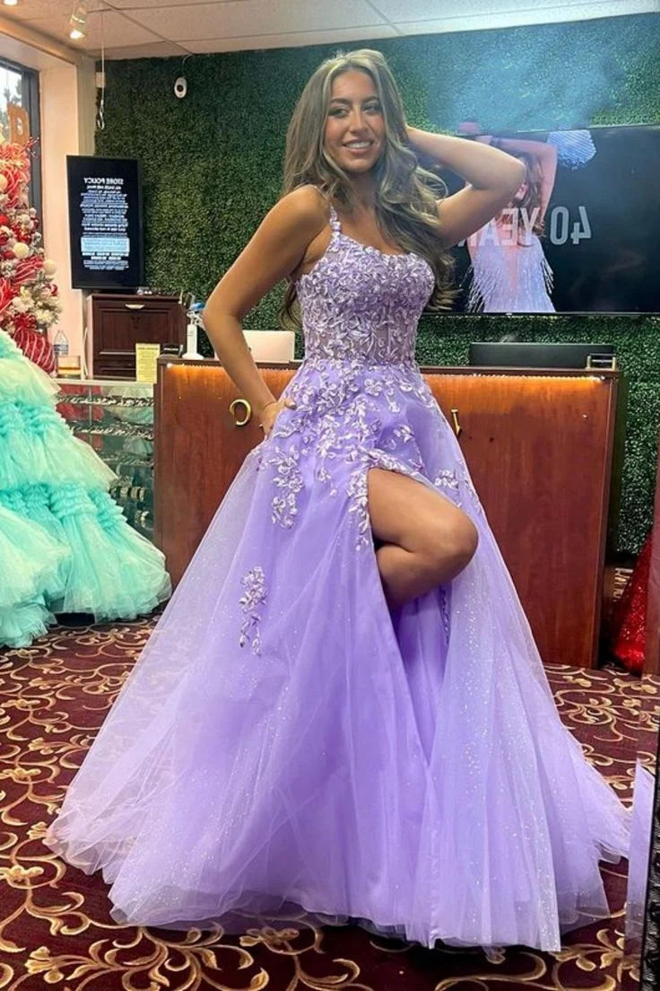 Robe de bal longue en dentelle violette brillante, robe de soirée fendue haute