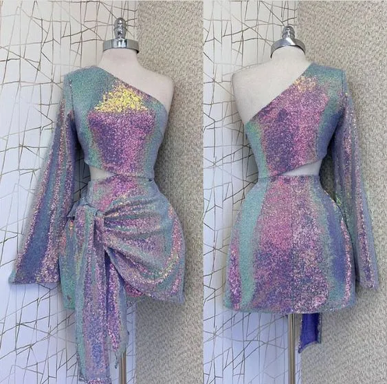Robe de soirée asymétrique à paillettes et manches longues simples