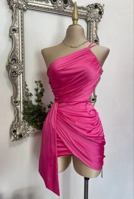 Robe de bal courte en satin à une épaule, sans manches, avec fermeture éclair