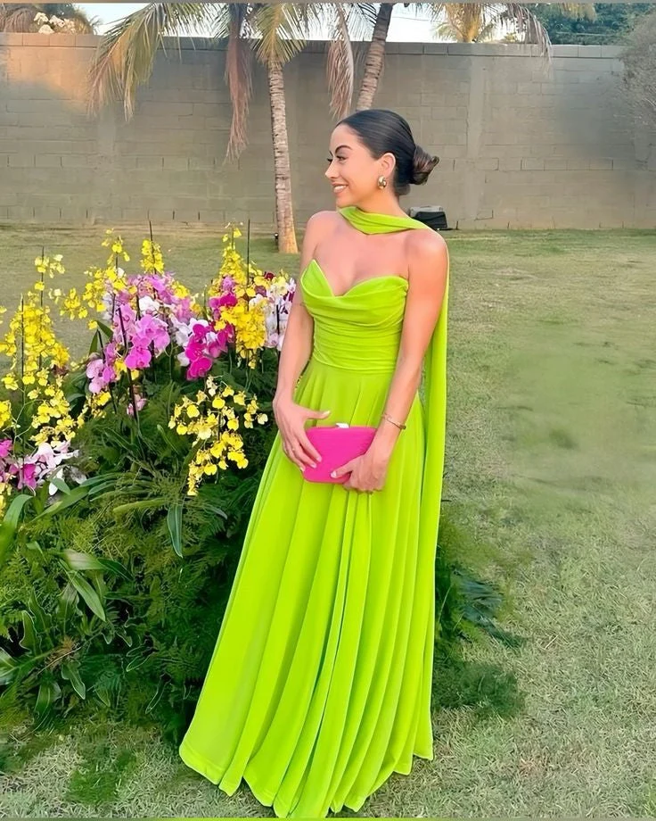 Robe de bal longue en mousseline de soie vert vif, robe de soirée formelle à boutons