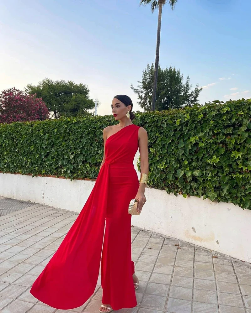 Robe de bal sirène rouge élégante à une épaule en mousseline de soie