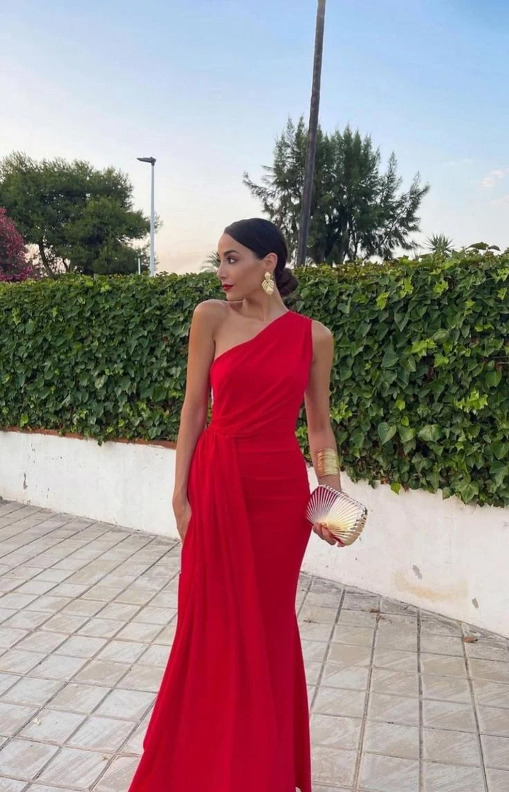 Robe de bal sirène rouge élégante à une épaule en mousseline de soie