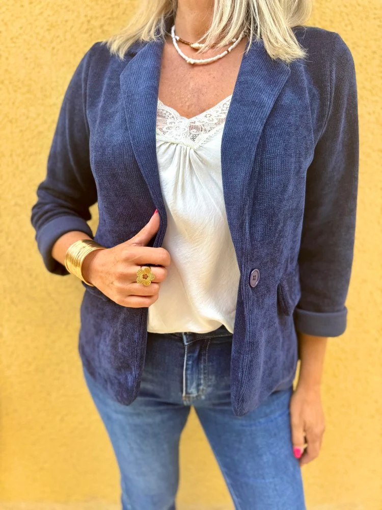 Veste tailleur en velours Sandra bleu marine