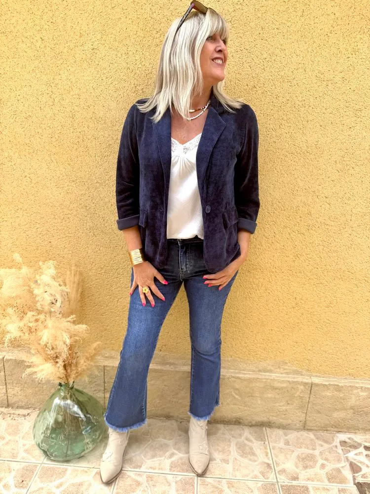 Veste tailleur en velours Sandra bleu marine