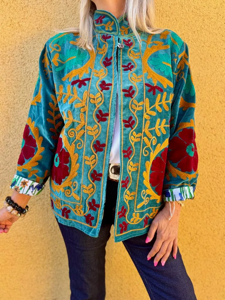 Veste Boho en velours brodé bleu canard
