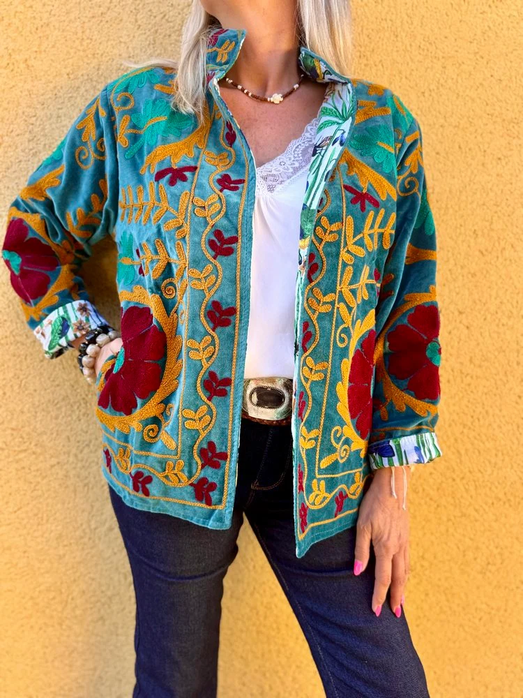 Veste Boho en velours brodé bleu canard